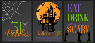 Mutlu Cadılar Bayramı posterleri. Korkunç uçan yarasaların, ayın, örümceğin ve örümcek ağının olduğu tatil tasarımı. Broşür arkaplanı