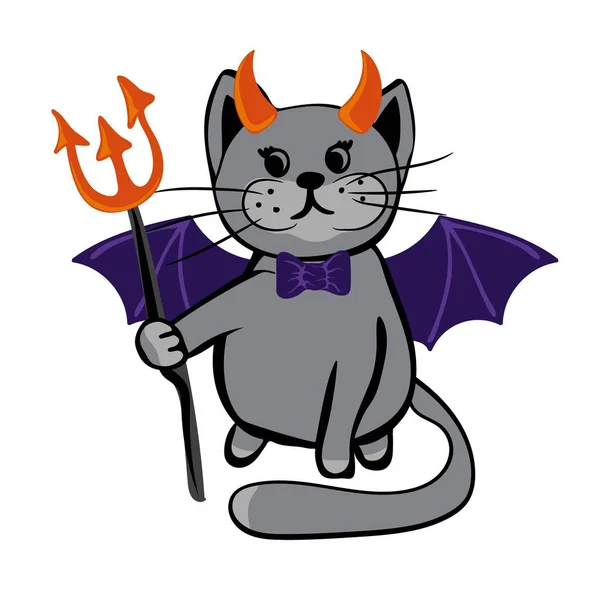 Nette Katze Gruseligen Outfit Des Teufels Halloween Katzenkostüm Party — Stockvektor