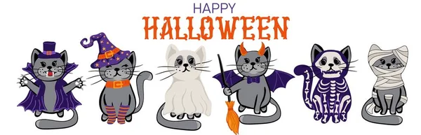 Halloween Cats Costume Party Conjunto Gatos Bonitos Roupas Assustadoras — Vetor de Stock