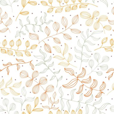 Dal, yaprak ve puantiyeli kusursuz desen. Sonbahar tasarımı. Şükran Günü ve hasat konsepti. Kumaş, tekstil ve ambalaj kağıdı için modern baskı