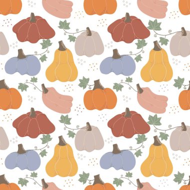 Renkli balkabaklarıyla kusursuz desen. Sonbahar tasarımı. Şükran Günü ve hasat konsepti. Kumaş, tekstil ve ambalaj kağıdı için modern baskı.