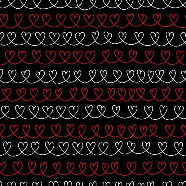 Seamless Pattern Abstract Red Hearts One Line Black Background — Stock Vector