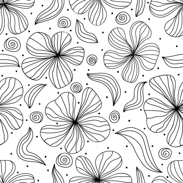 Patrón Sin Costura Con Flores Contorno Dibujadas Mano Monocromáticas Estampado — Archivo Imágenes Vectoriales