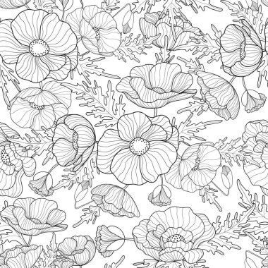 Çiçekler kusursuz desenli. Beyaz arka planda el çizimi gelincikler. Tekstil, duvar kâğıtları, kumaş ve ambalaj kağıdı için çiçek baskısı