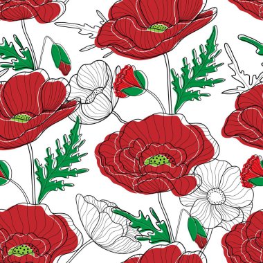 Haşhaş desenli. Beyaz arka planda kırmızı gelincikler. Tekstil, duvar kâğıtları, kumaş ve ambalaj kağıdı için çiçek baskısı.