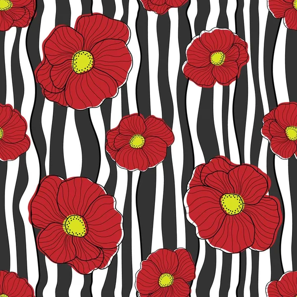 Fleurs Motif Sans Couture Coquelicots Rouges Sur Fond Rayé Noir — Image vectorielle