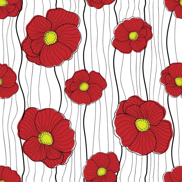 Fleurs Motif Sans Couture Coquelicots Rouges Sur Fond Blanc Rayé — Image vectorielle
