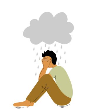 Depresyondaki adam. Çocuk yağmurun altında oturuyor. Zihinsel bozukluk, üzüntü ve depresyon kavramı
