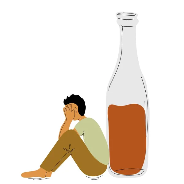 Мужская Алкогольная Зависимость Депрессивный Человек Страдающий Алкоголизмом Несчастный Человек Сидит — стоковый вектор