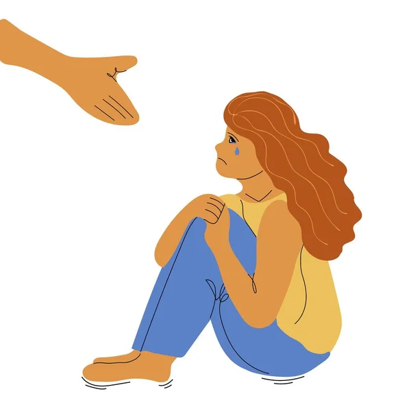 Młoda Kobieta Otrzymuje Pomoc Lekarstwo Stres Dziewczyna Czuje Niepokój Samotność — Wektor stockowy