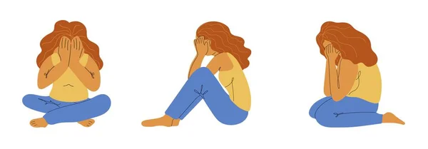 Mladá Žena Dívka Trpící Psychickými Chorobami Úzkostí Sedící Plačící Bolest — Stockový vektor