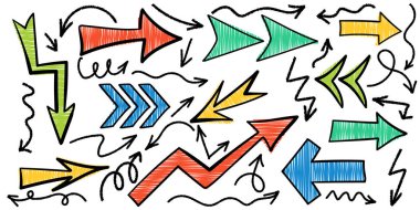 Renkli tebeşir ok seti. Elle çizilmiş farklı kavisli çizgiler, girdaplı oklar. Vektör karalama işareti çizimi