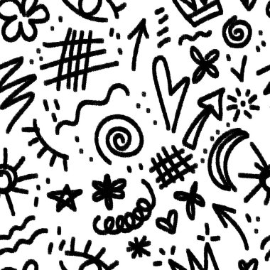 Kömür karalama şekilli kusursuz desen. Çocuksu ya da komik çizimler. Tekstil, kumaş, duvar kağıdı, ambalaj, albüm ve ambalaj için modern baskı