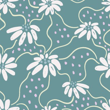 Çiçekler, noktalar ve kıvrımlı çizgilerle kusursuz bir desen. El çizimi çiçekli botanik tasarımı. Tekstil, kumaş, duvar kağıdı, ambalaj, albüm ve ambalaj için modern baskı