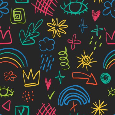 Kömür karalama şekilli kusursuz desen. Çocuksu ve komik çizimler..