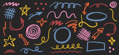 Siyaha renkli kömür karalamaları çiziyor. Elle çizilmiş soyut karalamalar ve karalamalar, yaratıcı çeşitli şekiller, kalem çizilmiş ikonlar. Karalamalar, karalamalar, yıldızlar, oklar, kıvrımlı çizgiler.