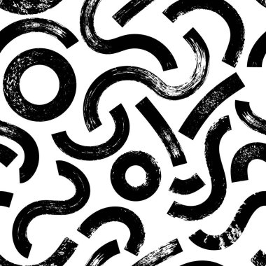 Dalgalı ve kıvrımlı kalın fırça darbeleri pürüzsüz desen. Kavisli kalın çizgiler ve dairelerle el çizimi vektör geometrik deseni. Tekstil, kumaş, duvar kağıdı, ambalaj, albüm ve ambalaj için modern baskı
