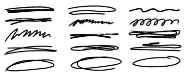 Çeşitli çizgilerin toplanması, vuruşlar, ovalar ve çapraz çizgiler. Çocuksu karalama çizgileri seti. Diyagramlar ve okul şablonları için el çizimi elementler. Vektör illüstrasyonu