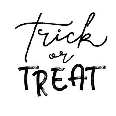 Şeker mi şaka mı? Cadılar bayramın kutlu olsun. Tatil fırçası, afiş, poster, tebrik kartı, parti davetiyesi. El çizimi basit bir monolin metni. Vektör kaligrafisi