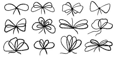 Pastel desenli papyon hediye kurdeleleri. Paket ya da mektup için Bowknot, ajanda günlüğü uygun. Zarif asgari çizgi vuruşu tarzı. Vektör tebeşir grafik elementleri.