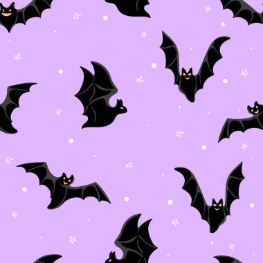 Parlayan neon uçan yarasaların kusursuz desenleri. Modern cadılar bayramı baskısı. Tekstil, kumaş, duvar kağıdı, ambalaj, albüm ve ambalaj için harika.