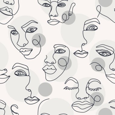 Soyut bir çizgi kusursuz desen. Aralıksız tek satır sanat arka planında kadın yüzleri