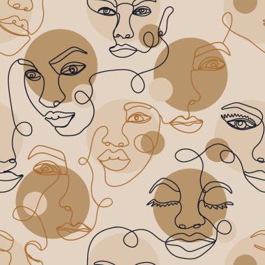Soyut bir çizgi kusursuz desen. Aralıksız tek satır sanat arka planında kadın yüzleri