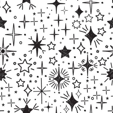 Kusursuz desenli ve çizilmiş yıldız ışıltısı. Kömür kalem çizilmiş yıldız parıltısı, kıvılcım parıltısı, parlak ışık. Tekstil, kumaş, duvar kağıdı, ambalaj, albüm ve ambalaj için modern baskı