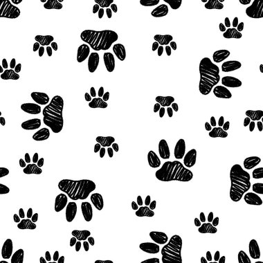 Elle çizilmiş evcil hayvan pençesi izleriyle kusursuz desen. Ev kedisi, fırça darbesi desenli boya tarzındaki ayak izlerini takip eder.