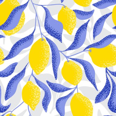 Sarı limonlu, tropik, pürüzsüz bir desen. Meyve arkaplanı. Tekstil, kumaş, duvar kağıdı, ambalaj ve ambalaj için modern baskı