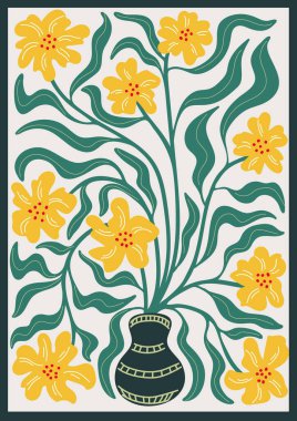 Bahar çiçekleriyle süslenmiş modaya uygun bir retro poster. Saf çizim tarzında soyut çiçek deseni