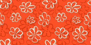 Kırmızıda kurşun kalemle çizilmiş bahar çiçekleri. Modern çiçek deseni, tekstil, kumaş, duvar kağıdı, ambalaj, hatıra defteri ve ambalaj için harika.