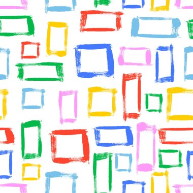 Elle çizilmiş mürekkep kareleri ve dikdörtgenler dikişsiz desen. Renkli karalamalar ve fırça izleri. Basit soyut arkaplan. Tekstil, kumaş, duvar kağıdı, ambalaj, albüm ve ambalaj için harika.