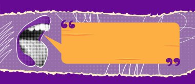 Çığlık atan ağzı ve konuşma baloncuğu olan modaya uygun kolaj afişi. Sosyal medya, metin için alanı olan şablonu duyurdu. Promosyon ve pazarlama için modern vektör tasarımı