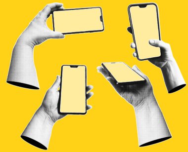 Retro yarım tonlu eller boş ekranlı akıllı telefonları tutuyor. İnsan avuç içleri ve cep telefonları ile modern sanat yarım ton kolajı. Vektör illüstrasyonu.