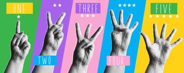 Birden beşe kadar saymak için jestler. Modern sanat yarım ton kolajı. Parmakları sayıları gösteriyor. Ağ tasarımı ve sıralama konsepti için farklı işaretli beş bilek. Vektör ilüstrasyonu