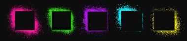 Siyah arkaplanda izole edilmiş neon renkli kare sprey kalıplar. Şehir sokak grafiti stili. Hava fırçası boya sıçrama sınırları, grunge sokak sanat çerçeveleri sıçrama efekti ve damla. Vektör