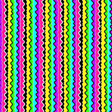 Soyut çizgili, gökkuşağı neon renklerinde, pürüzsüz desen. Kumaş, tekstil ve ambalaj kağıdı için modern baskı. Vektör illüstrasyonu
