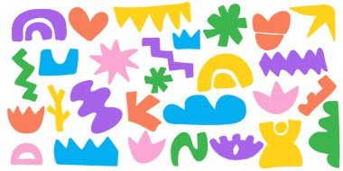 El yapımı modern desenli şekiller. Soyut karalama parçalarının moda koleksiyonları. Yaratıcı kolaj saf bir tarzda funky soyut geometrik nesneler ile