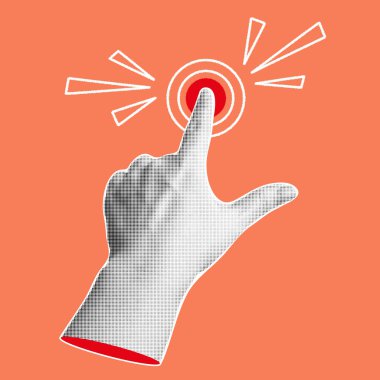 Yarım tonluk moda kolaj afişi ve işaret eden el yazısı. Parmak dokun, tıkla ya da vur. Modern retro tarzı. Vektör illüstrasyonu