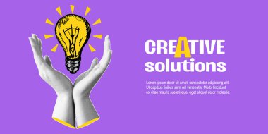 Yaratıcı çözümler. Yarım tonlu kolaj pankartı ampulü gösteriyor. Yaratıcı fikir ya da beyin fırtınası kavramı. Çağdaş vektör illüstrasyonu