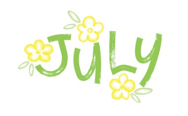Temmuz. Sarı çiçekler ve yapraklarla işaretlenmiş modaya uygun bir yazı. Mevsimlik tasarımlar, tebrik kartları, afişler ya da davetiyeler için harika.