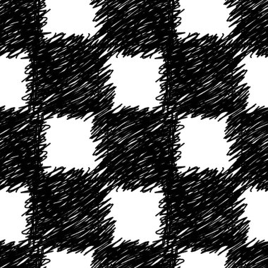 Siyah fırça darbeleriyle kusursuz desen beyaz üzerine kare şeklinde. Tek renkli dama tahtası dokusu. Araştırılmış soyut arkaplan. Tekstil, kumaş, duvar kağıdı, ambalaj, albüm ve ambalaj için harika.