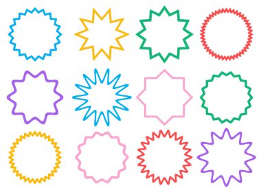 Renkli daire şeklinde dalgalı mürekkep çerçeveleri. Zigzag dalgalı kenarlar, psikedelik fotoğraf çerçeveleri, metin kutuları, etiketler. Şablon, çıkartma, tanıtım materyali, web veya sosyal medya tasarımı için soyut ögeler