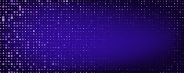 Dijital piksel parçacıkları olan modaya uygun soyut bir arka plan. Mor renkli ve parlak arıza efektli gelecekçi geometrik stil. Modern yarım ton tasarımı. Pankartlar, posterler, sunumlar için harika
