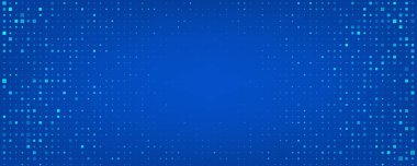 Dijital piksel parçacıkları olan modaya uygun soyut bir arka plan. Fütürist geometrik stil, parlak mavi renk ve parlayan ışık efektleri. Modern yarım ton tasarımı. Pankartlar, posterler, sunumlar için harika