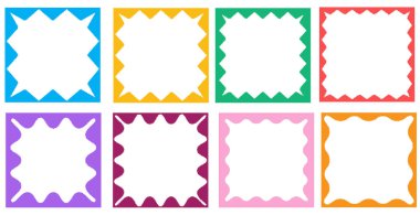 Renkli kare dalgalı mürekkep çerçeveleri. Zigzag dalgalı kenarlar, psikedelik fotoğraf çerçeveleri, mesaj kutuları, sınırlar. Şablon, çıkartma, tanıtım materyali, web veya sosyal medya tasarımı için soyut ögeler.