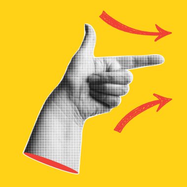 Gösterişli el ve ok işaretli modaya uygun bir yarım ton pankart. Parmaklar yönü gösteriyor. Modern retro tarzı. Tasarım şablonu için çağdaş kolaj. Vektör illüstrasyonu