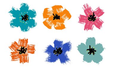 Fırça desenli çiçekler. El çizimi botanik çizimleri. Yabani çiçeklerin klişelerini karala. Mürekkep çizimi sanatsal botanik çizim, izole çiçek elementleri.