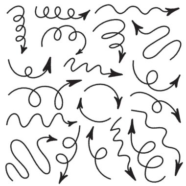 Kömür okları simgeleri ayarlandı. Tebeşir koleksiyonu farklı yönlere çizilmiş oklar. Kalem dokusu çizgisi, ok koleksiyonunu karala. Karalamalar ve karalamalar. Vektör illüstrasyonu